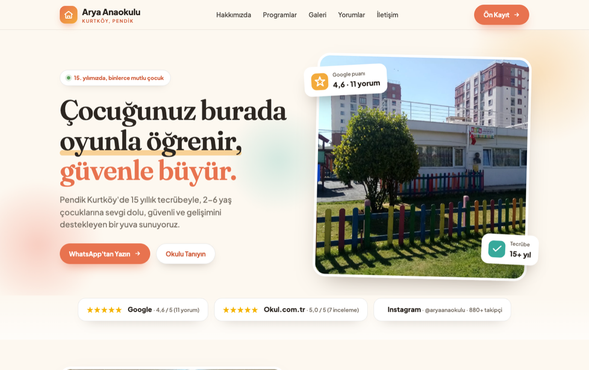 Arya Anaokulu web sitesi ekranı